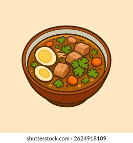 Cartoon illustration of a bowl of soup with egg, tofu, and vegetables used for healthy meals.
