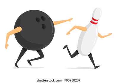 Cartoon Illustration Of Bowling Ball Chasing Pin Running Fast