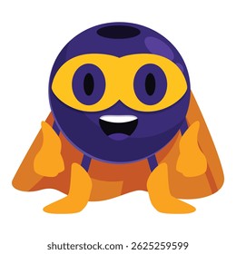 Cartoon illustration of a bowling ball superhero wearing an orange cape and mask showing thumbs up