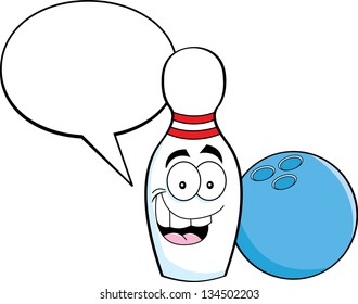 Cartoon illustration of a bowling pin with a caption balloon and a bowling ball.