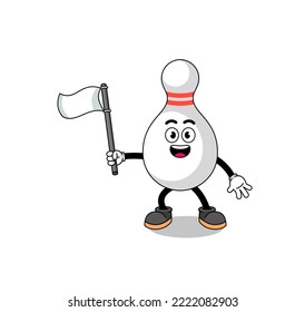 Cartoon Illustration of bowling pin holding a white flag , character design