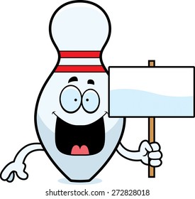 A cartoon illustration of a bowling pin holding a sign.