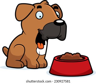 A cartoon illustration of a Boxer dog with a bowl of food.