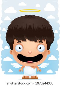 A cartoon illustration of a boy angel standing and smiling.