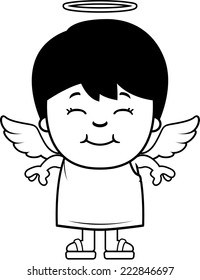 A cartoon illustration of a boy angel standing and smiling.