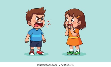 Ilustração em desenho animado de um menino com uma expressão furiosa gritando com uma menina que parece assustada e chateada.