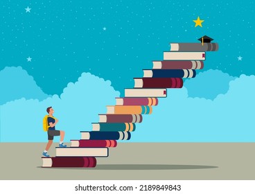 Cartoon illustration of a boy with a backpack climbing the stairs made of books to reach the stars