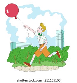 Cartoon illustration of boy and balloon