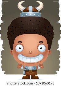 A cartoon illustration of a boy barbarian smiling.