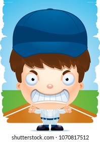 A cartoon illustration of a boy baseball player with an angry expression.