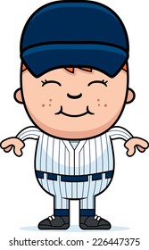A cartoon illustration of a boy baseball player standing and smiling.