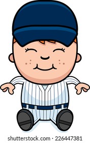 A cartoon illustration of a boy baseball player sitting and smiling.