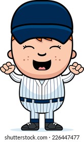A cartoon illustration of a boy baseball player looking excited.