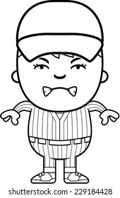 A cartoon illustration of a boy baseball player looking angry.
