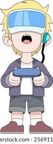 A cartoon illustration of a boy with blonde hair wearing a blue virtual reality headset and holding a gaming controller, expressing amazement while immersed in VR gameplay