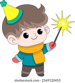 A cartoon illustration of a boy with brown hair wearing a yellow party hat, teal jacket, orange scarf, and red gloves, holding a glowing sparkler with a cheerful expression