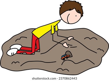 Cartoon illustration of a boy building dirt car garage