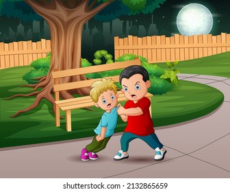 Cartoon illustration boy bullying his younger friend