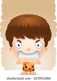 A cartoon illustration of a boy caveman looking angry.