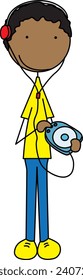 Cartoon illustration of a boy with a CD player and headphones