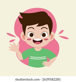 Cartoon illustration of a boy with a cheerful expression, waving. The boy is in a light green t-shirt and has dark brown hair.  He is positioned in the center of a light pink circle or shape.