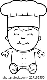 A cartoon illustration of a boy chef sitting and smiling.