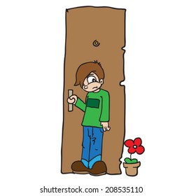 cartoon illustration of a boy closing door