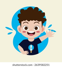 Cartoon illustration of a boy with dark curly hair, large eyes, and a cheerful expression. He is wearing a dark blue or black t-shirt with a rocket graphic on the chest and is waving with his right 