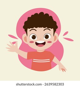 Cartoon illustration of a boy with dark curly hair, large eyes, and a wide, happy smile. He is wearing a red t-shirt with white stripes and is depicted waving his right hand.  Pink shapes and decorati