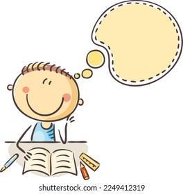 Cartoon illustration of a boy dreams while sitting at a desc, copy space, speech bubble, isolated on white