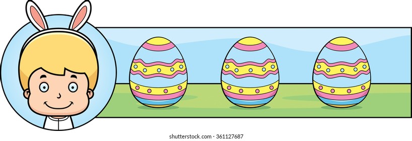A cartoon illustration of a boy dressed as the Easter Bunny in an Easter themed graphic.