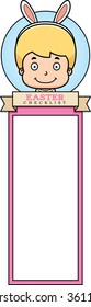 A cartoon illustration of a boy dressed as the Easter Bunny in an Easter themed graphic.