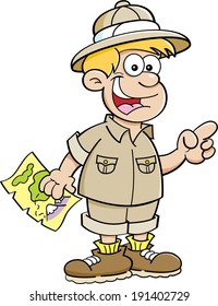 Cartoon illustration of a boy dressed as an explorer and pointing.