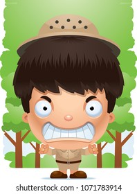 A cartoon illustration of a boy explorer looking angry.