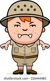 A cartoon illustration of a boy explorer looking angry.