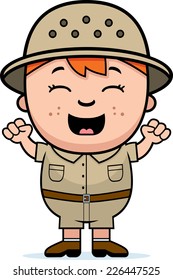 A cartoon illustration of a boy explorer looking excited.