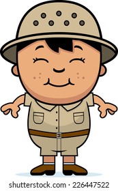 A cartoon illustration of a boy explorer standing and smiling.