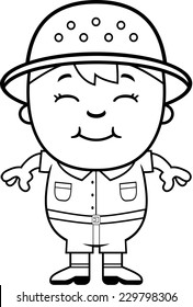 A cartoon illustration of a boy explorer standing and smiling.