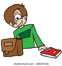 Cartoon-Illustration eines Jungen, der sich auf die Schule vorbereitet, einzeln auf weiß
