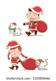 Cartoon illustration of boy and girl dressing Santa Claus cloths, walking with cat and dog.