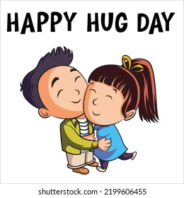 Cartoon illustration of boy and girl giving hug to each other saying happy hug day.