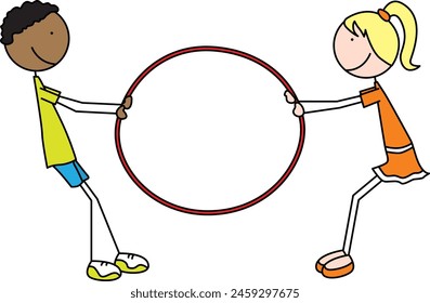 Cartoon illustration of a boy and girl pulling hula hoop ring