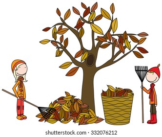 Cartoon illustration of boy and girl raking autumn leaves