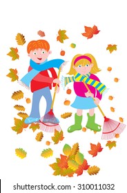 A cartoon illustration of a boy and a girl sweeping and raking fallen leaves