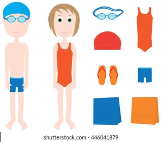 Cartoon illustration of boy, girl and swimming equipment