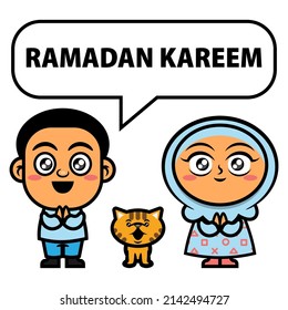 Cartoon illustration of Boy and Girl wearing muslim clothes playing with kitten and say ramadan kareem inside the balloon text, best for postcard, greeting card, and sticker with ramadan themes