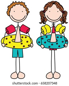 Cartoon illustration of a boy and a girl in wearing swimming rings and armbands