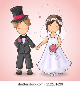 Cartoon illustration of  a boy and a girl in wedding dress