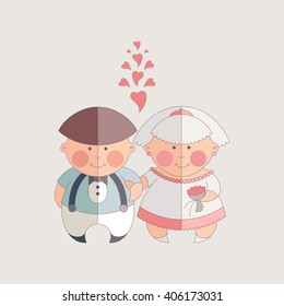 Cartoon illustration of a boy and a girl in wedding dress. Wedding design. Vector illustration.
