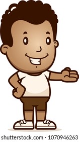 A cartoon illustration of a boy giving a presentation.